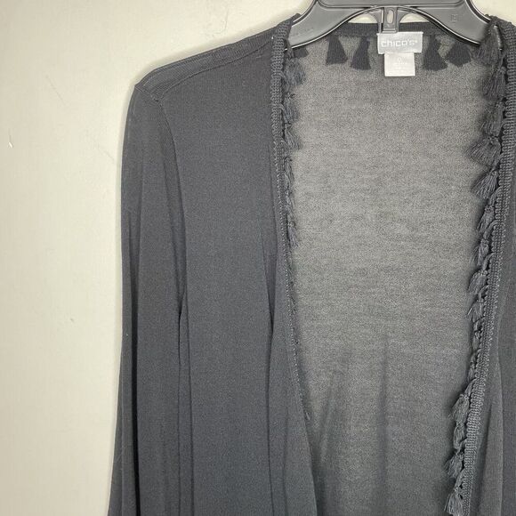 CHICOS Cardigan Womens 0 XS Black Tassel Trim Knit Sweater NEW Cotton Blend - Picture 3 of 13